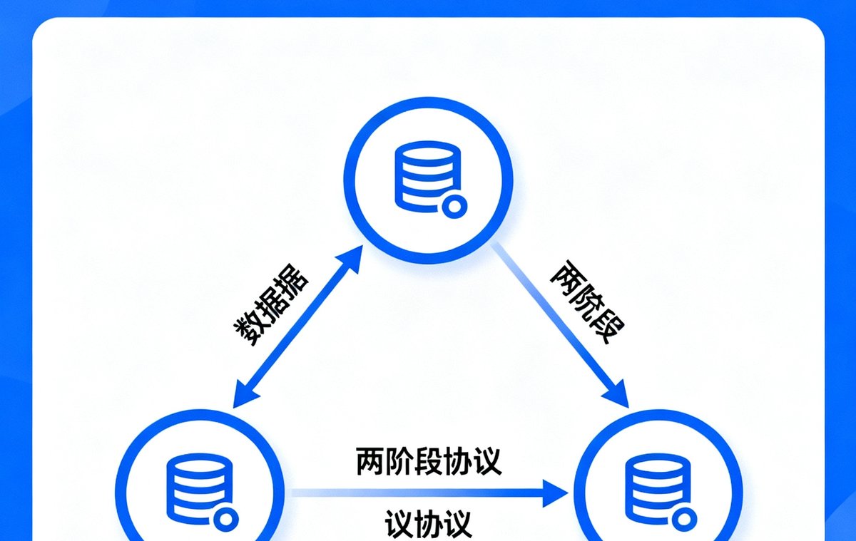 一篇技术博客文章的封面图，标题为'深入理解分布式事务'，配图为三节点之间通过箭头连接展示两阶段提交协议的数据流向示意图