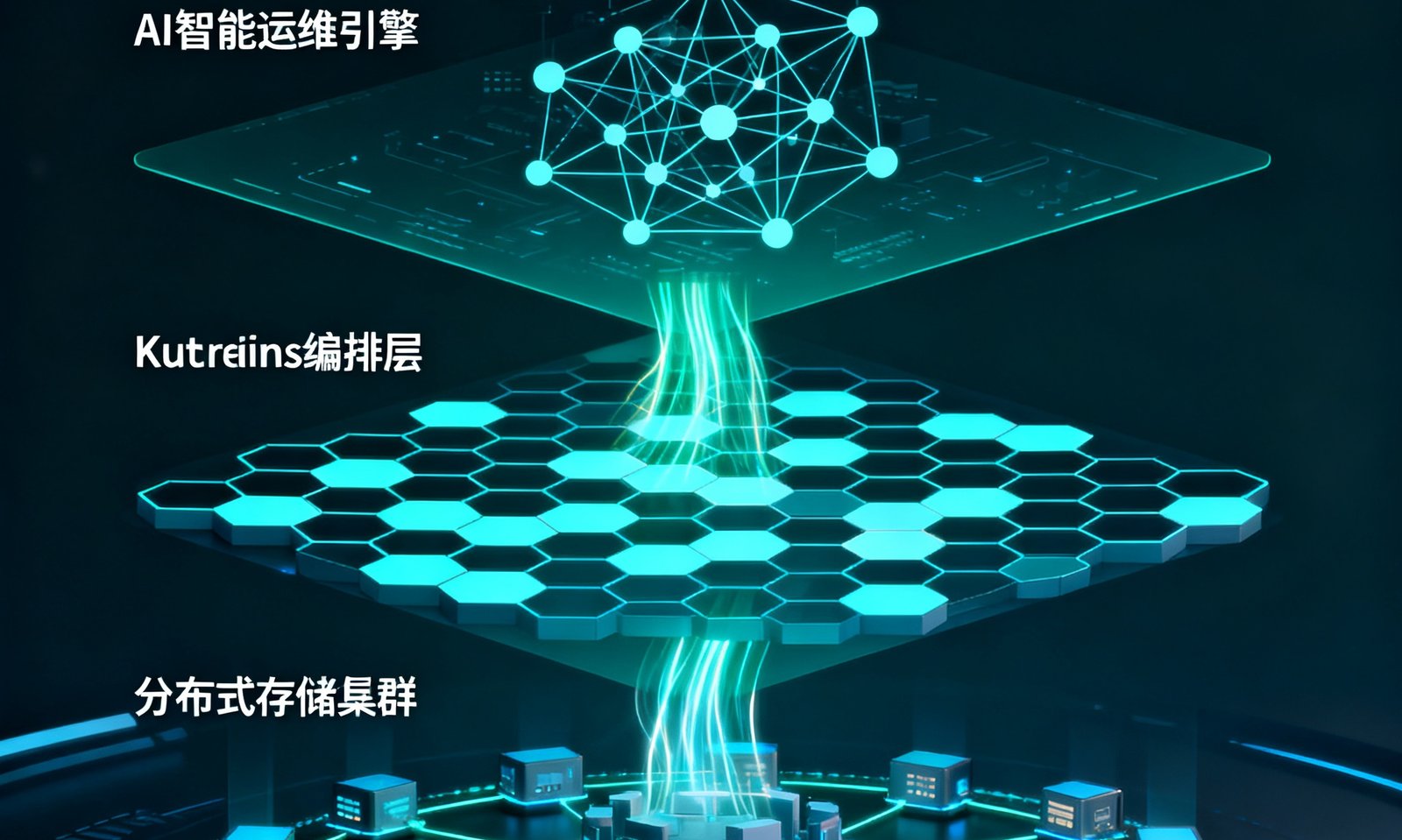 谈球吧技术架构三层示意图：底层为分布式存储节点集群呈环形拓扑连接，中层为Kubernetes容器编排层以六边形网格展示，顶层为AI智能运维引擎以神经网络图形呈现，三层之间数据流以光带连接
